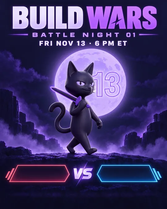 Battle Night 01 poster. Glitch, the black cat host, walks past a full moon marked 13 with his sword on his shoulder. Friday, November 13, 6 PM ET.